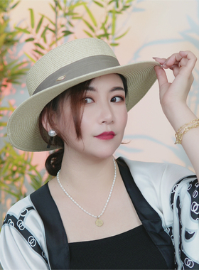 夏季复古遮阳平顶草帽女洋气防紫外线太阳帽时尚百搭气质防晒帽子