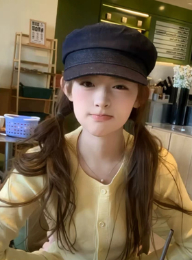 宅女同款显脸小蓝色牛仔帽子女春秋英伦复古百搭小众显脸小报童帽