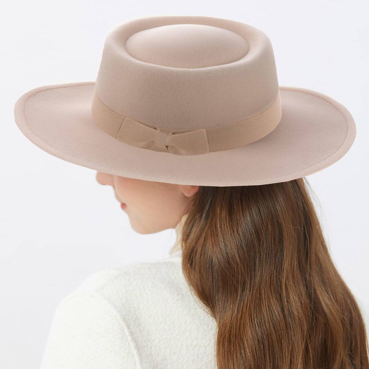 男女士时尚平顶毛呢礼帽新款英伦优雅圆环型凹呢子8.5cm大檐帽,淘宝优惠券,粉丝福利购,淘宝优惠卷