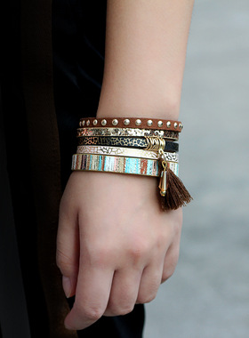 复古多层超宽磁扣皮质手链