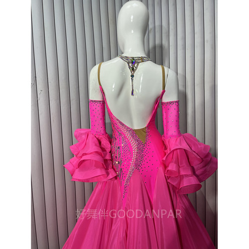 全新现货摩登比赛服华尔兹舞服好舞伴GOODANPAR荧光梅红喇叭袖 - 图0