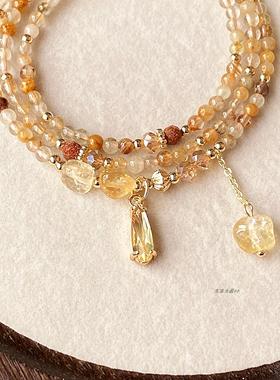 天然水晶珠宝多层 焦糖色黄兔毛黄水晶 发晶三圈手串手链手饰