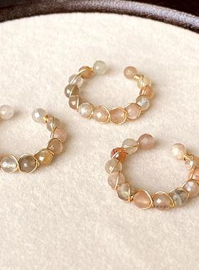 14k包金绕线 天然切面橙太阳石 彩月光戒指 指环饰品