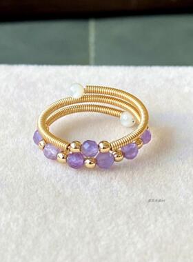 新货 14k包金 天然切面紫水晶 双层 小戒指 指环 手饰 女款