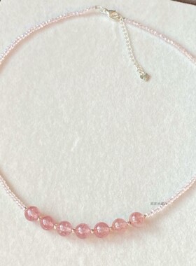 项链 天然圆珠草莓晶7颗珠子 简约款锁骨链颈链项链 吊坠 女款