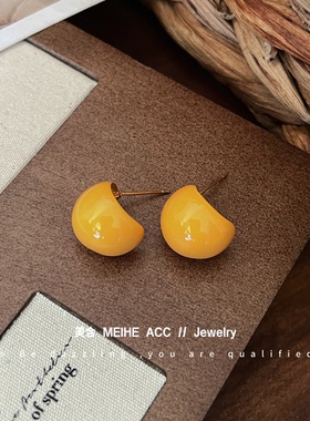 奶黄豆豆~韩版温柔氛围感黄色滴油铜耳钉时尚气质几何水滴耳环女