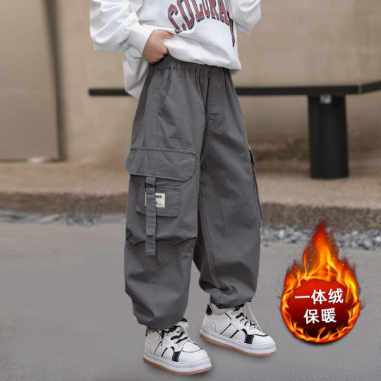 痞帅风男童工装裤一体绒秋冬款2025新款儿童加绒裤子男孩保暖长裤