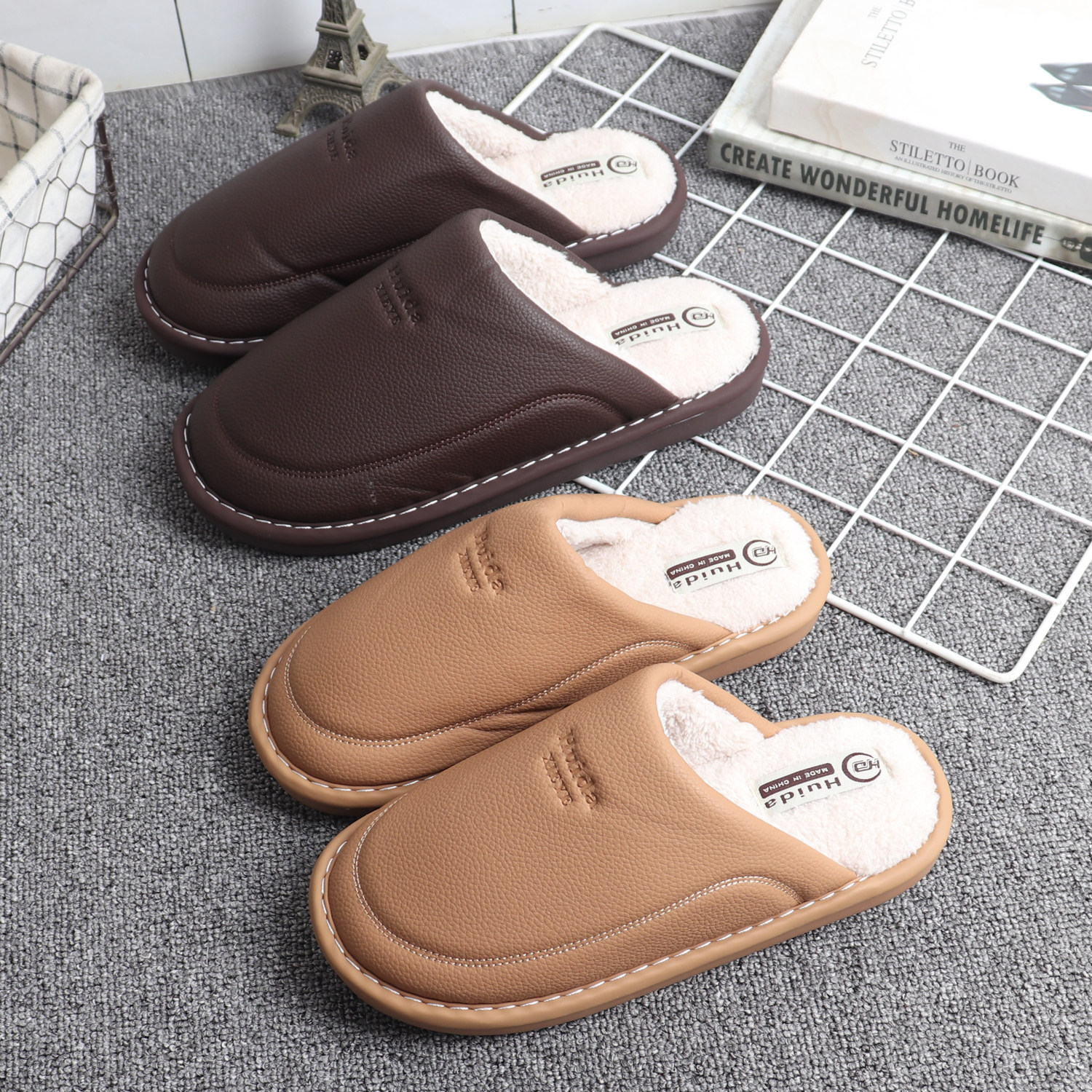 简约PU皮面防水棉拖鞋男女情侣款居家室内防滑保暖办公室休闲皮拖,淘宝优惠券,粉丝福利购,淘宝优惠卷