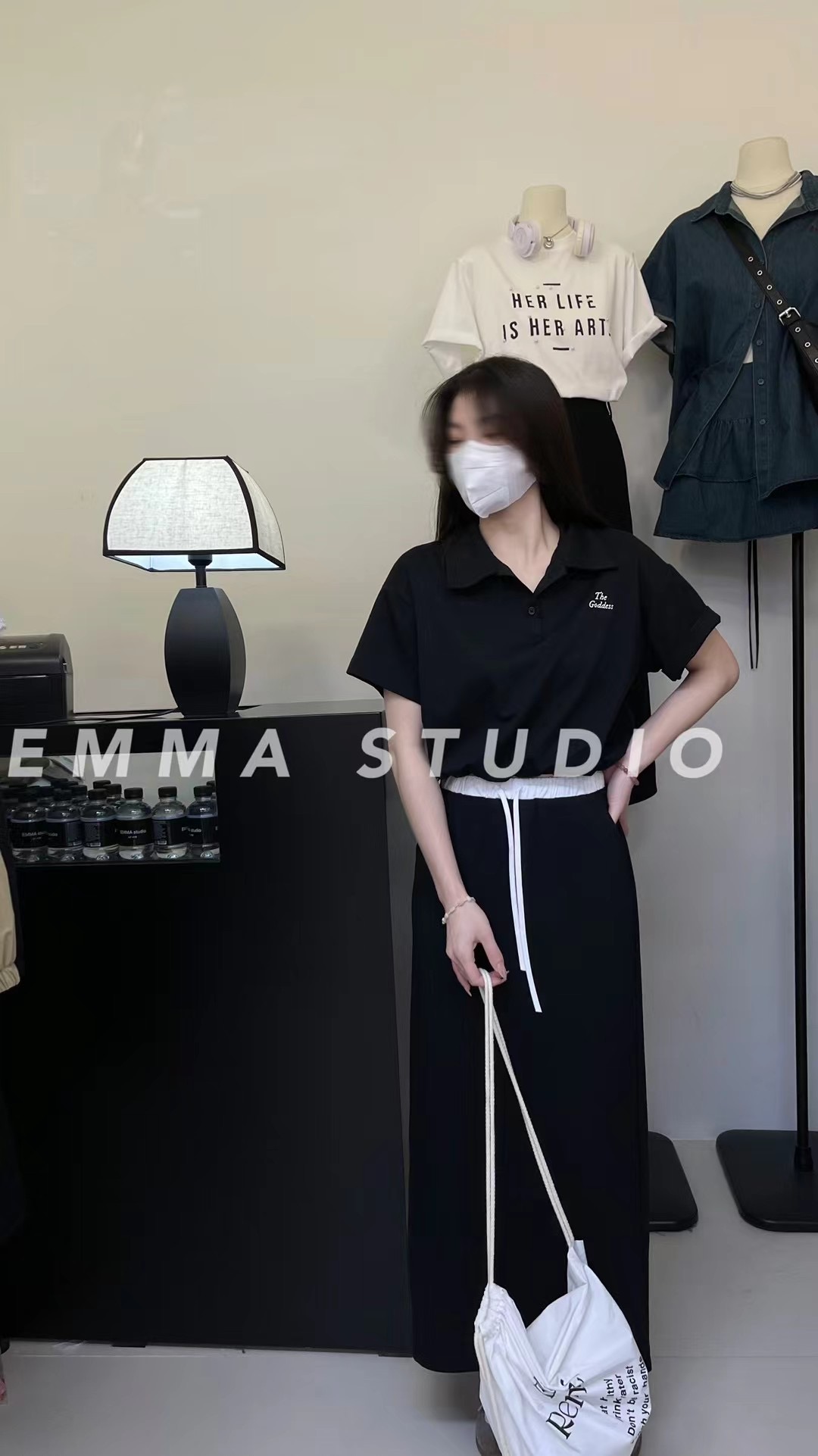 EMMA 美式复古卫衣套装女夏POLP领短袖上衣休闲松紧腰半裙两件套