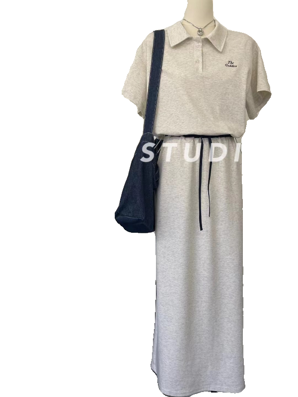 EMMA 美式复古卫衣套装女夏POLP领短袖上衣休闲松紧腰半裙两件套