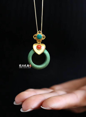 超美可爱甜甜圈高瓷矿蓝白松石指环吊坠跑环锁骨链平安扣圆环项链