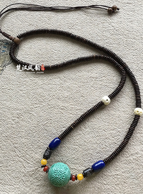 个性土豪精雕大珠珠24mm回纹珠吊坠项链高瓷矿松石锁骨链送男女友