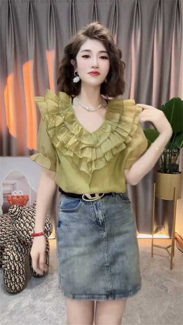 ເສື້ອ chiffon ruffled ແບບຝຣັ່ງຊັ້ນສູງຂອງເກົາຫຼີ