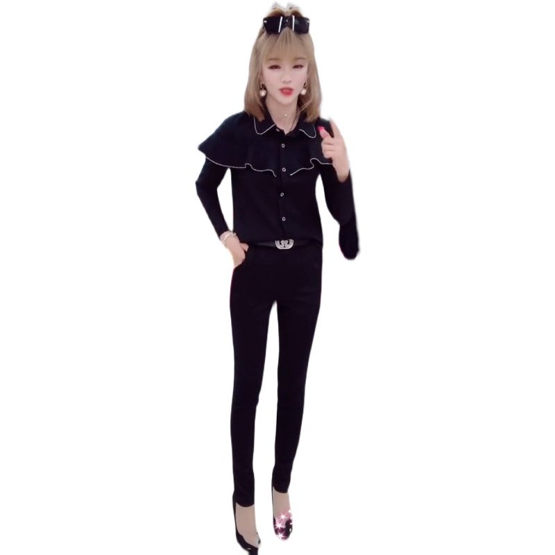 时尚套装2026春秋新款洋气飞边衬衫上衣百搭半连体小脚裤女两件套,淘宝优惠券,粉丝福利购,淘宝优惠卷