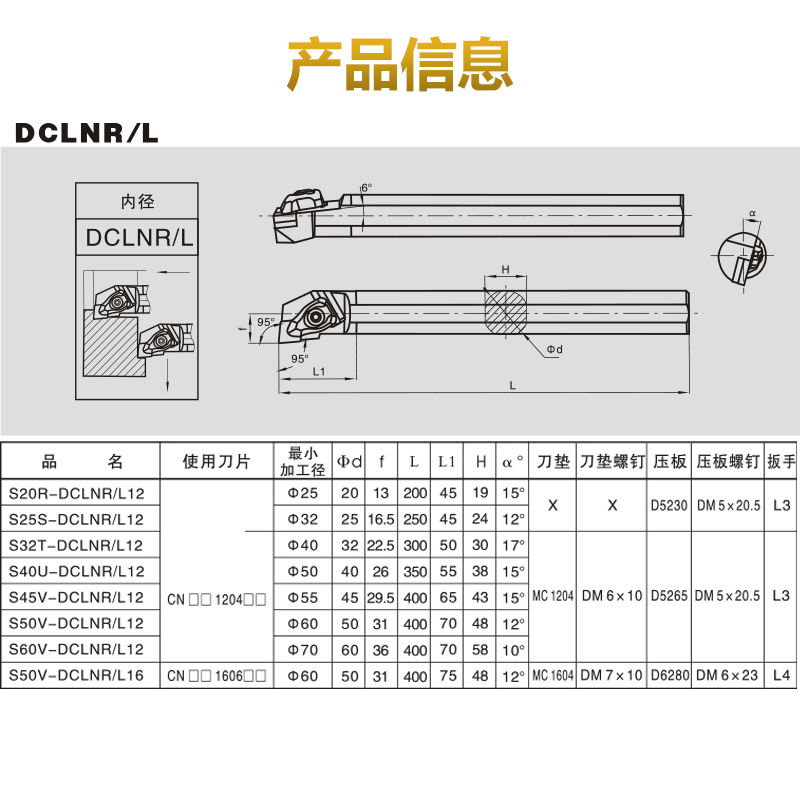 D型硬质内孔刀杆S20R/S25S/S32T/S40T/S50V-DCLNR12/DCLNL替MCLNR - 图2