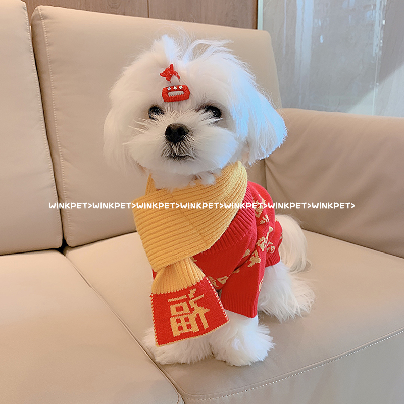 宠物围巾狗狗新年围脖泰迪比熊雪纳瑞博美小型犬猫咪红色喜庆饰品-图2