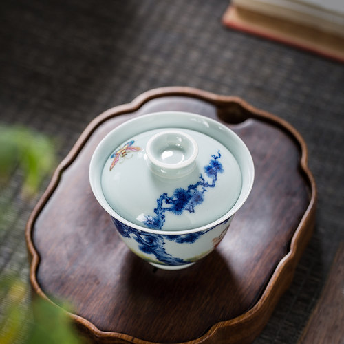 枭窑 景德镇高档茶具全手工手绘青花斗珐琅彩童趣功夫盖碗茶杯 - 图3