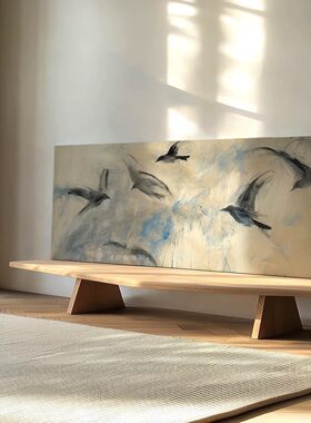 新中式客厅手绘抽象油画莺歌燕舞餐厅茶室装饰画卧室床头横版挂画