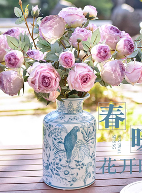 青花瓷花瓶摆件客厅插花中式国风陶瓷美式装饰复古玄关瓷器高级感