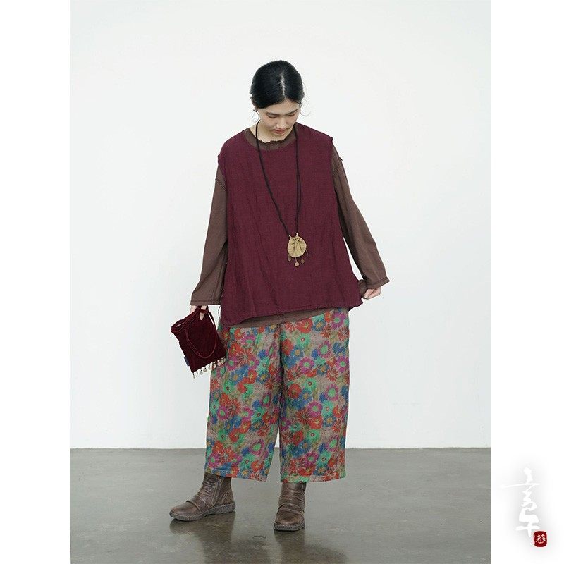 言午葵原创复古做旧加厚茧型夹棉裤 休闲宽松脏染团花薄棉直筒裤,淘宝优惠券,粉丝福利购,淘宝优惠卷