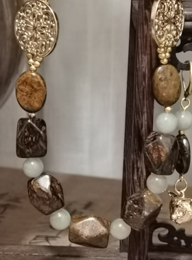 复古即时尚原创设计和田玉晴水混搭巴西古铜灰天然石项链耳饰套装