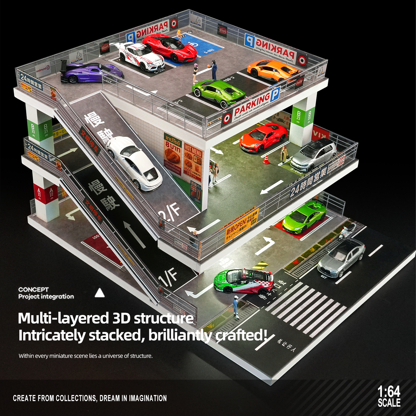 1:64车模停车场场景带灯车库适用多美卡合金模型收纳展示盒可串联 - 图0
