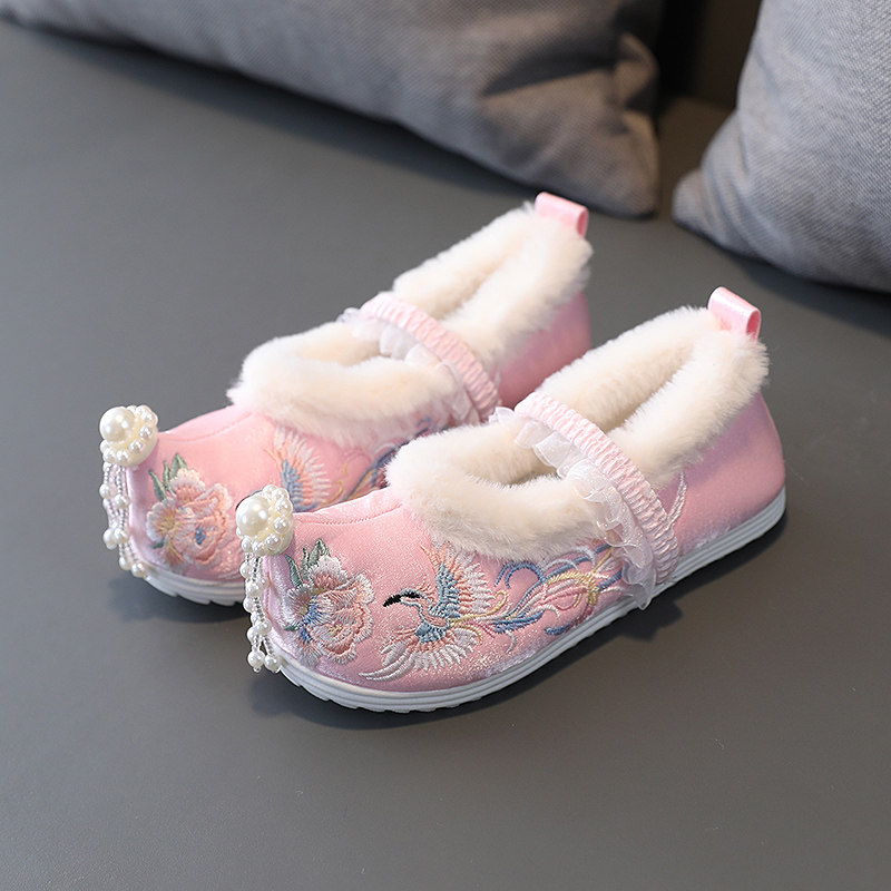 冬季新款加绒儿童汉服鞋子女童翘头绣花鞋宝宝唐装古风古装鞋棉鞋,淘宝优惠券,粉丝福利购,淘宝优惠卷