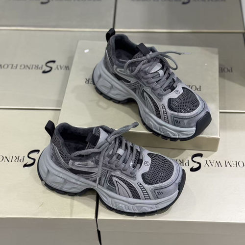 诗路花语加绒老爹鞋女冬季新款真皮厚底显脚小复古百搭系带运动鞋 - 图1