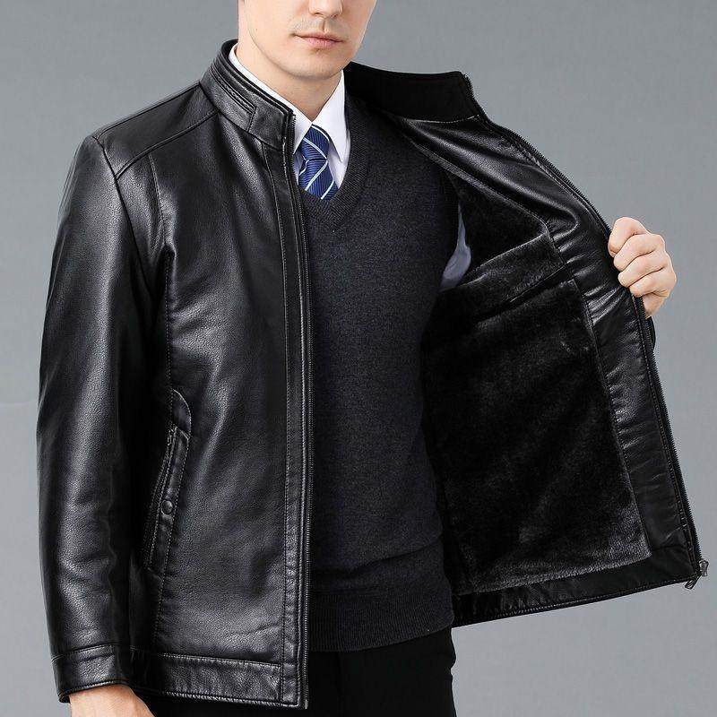 头层牛皮真皮夹克皮衣海宁男高端冬季加绒加厚皮毛一体中年爸爸装 - 图1