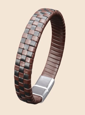 跨境个性双色编织男士真皮手链金属扣手工编织工艺百搭配饰袖扣