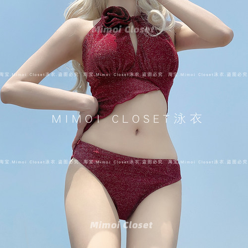 Mimoi Closet新款复古玫瑰酒红绝美辣妹性感纯欲分体游泳衣女款 - 图1
