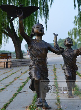 渤言雕塑玻璃钢小孩放风筝铜雕塑