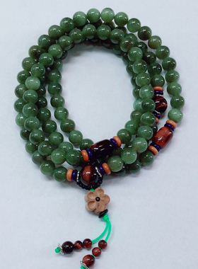 P296 约8mm天然和田玉碧玉佛串圆珠项链多圈手链微猫俄罗斯碧玉