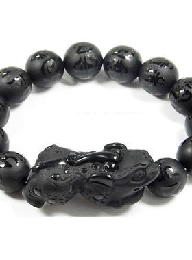 磨砂天然六字真言黑曜石貔貅手链