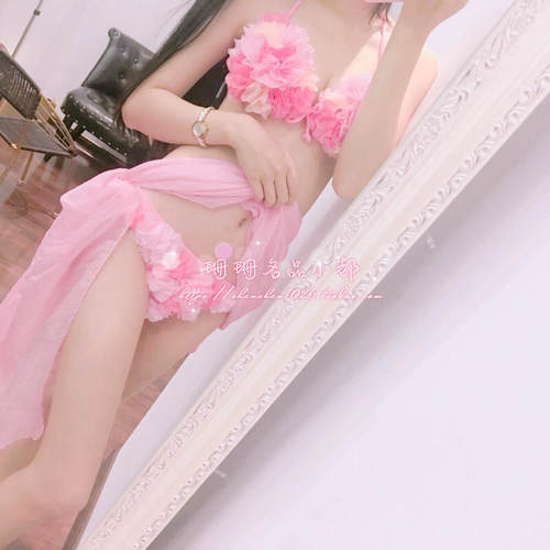手工立体花朵度假挂脖系带三角分体泳衣女粉色比基尼小胸聚拢显瘦 - 图1