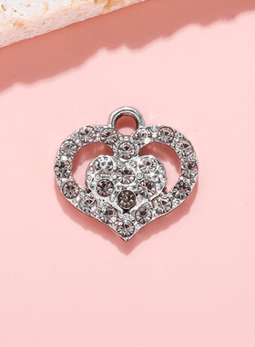 双爱心镶钻挂件吊坠合金配件diy配饰耳坠项链手链女服饰手工材料