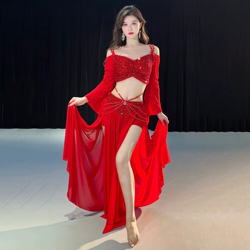 舞娘肚皮舞服装女2025新款小众设计亮片春夏季网纱练功习班服套装 - 图0