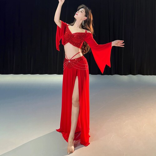 舞娘肚皮舞服装女2025新款小众设计亮片春夏季网纱练功习班服套装 - 图1