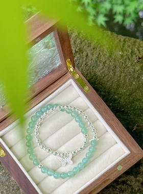 【银蝶一梦】薄荷曼波双圈蝴蝶925银手链原创设计百搭3127