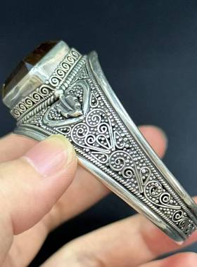 菱形黄水晶大手镯 尼泊尔手工925纯银 复古风男女通用 古法工艺