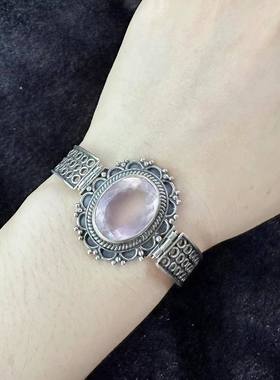 粉晶芙蓉石手链 尼泊尔手工925纯银 复古做旧重工雕花