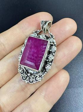 方形红宝石吊坠 尼泊尔手工925纯银 复古异域宫廷风 原创女生饰品