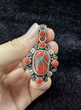 红塑料吊坠 尼泊尔手工925纯银 补丁 群镶 民族风 女士饰品