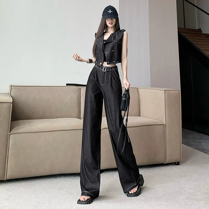 Модный джинсовый жилет, летние брюки, комплект, стиль Chanel, высокая талия