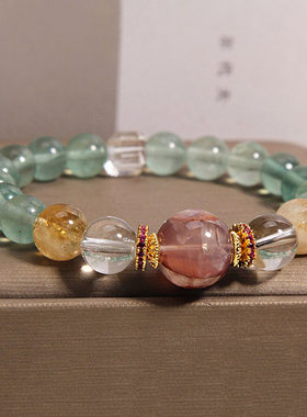 天然绿萤石水晶手链女轻奢小众精致百搭黄塔晶多宝手串高级感手饰