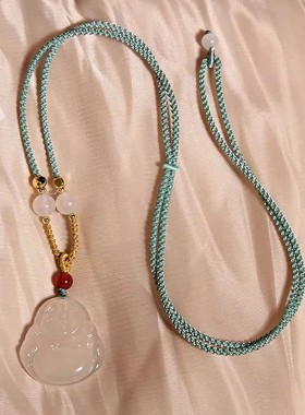 新款天然白色玉髓石佛公吊坠编绳项链女款古风禅意锁骨链挂绳配饰