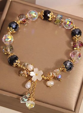 韩版小清新气质黑色水晶手链女新中式轻奢森系花朵手串手环手饰品