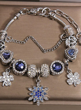 蓝色琉璃珠小众轻奢雪花手链精致百搭潘家风格手串复古高级感手饰