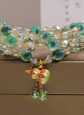 天然绿色糖心玛瑙多层手链女轻奢小众高级感葫芦吊坠招财水晶手串