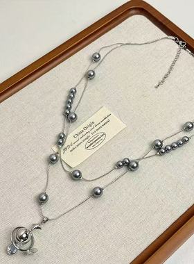 飞船吊坠灰色珍珠项链女小众设计感毛衣链长款高级叠戴锁骨链配饰